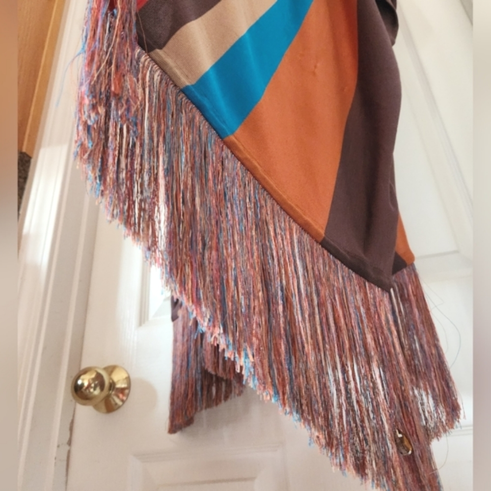 HAUTE HIPPIE Desert Stripes Western Turq Coral Midi Fringe Tunic Kimono Vest OS - Picture 9 of 16